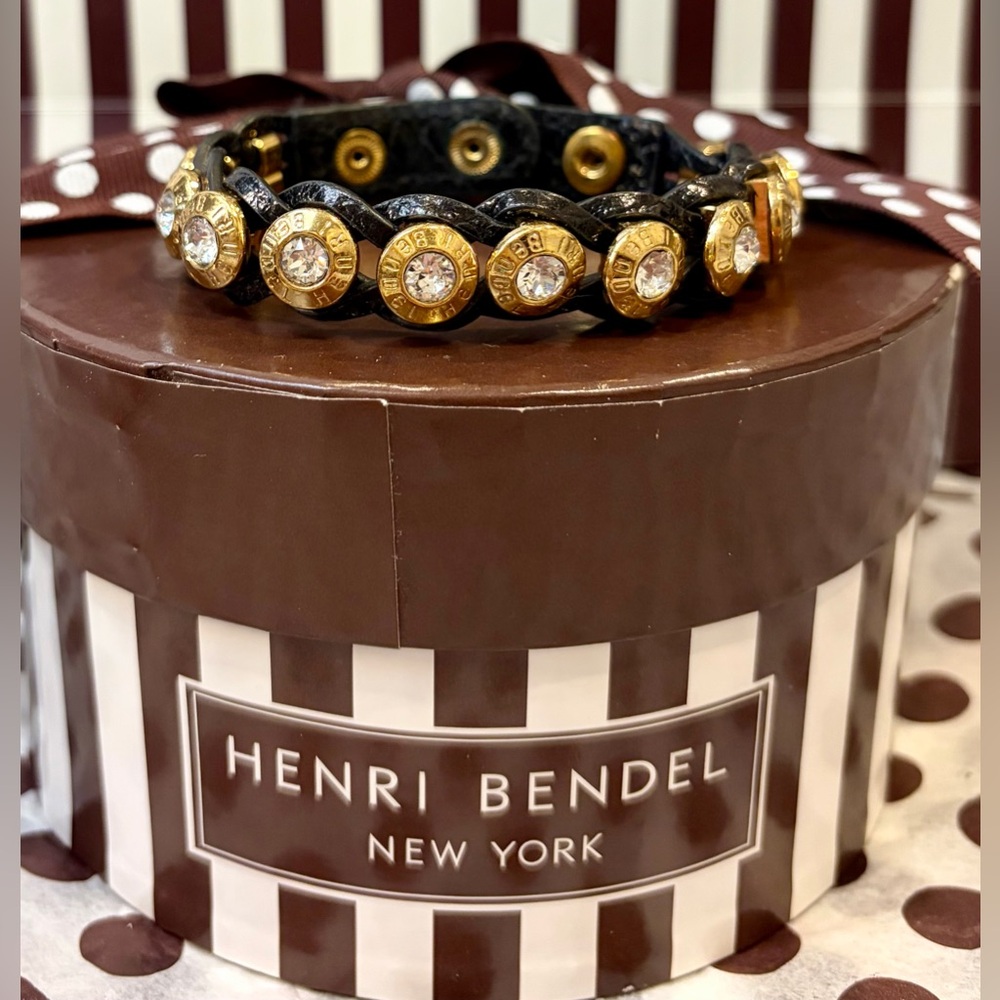 HENRI BENDEL Black/Gold Tone Crystal Leather bracelet/Adjustable/No callouts - Picture 2 of 10